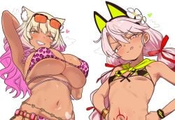 2girls animal_print animal_print_bikini animal_print_swimwear armpits arms_up belly belly_button big_breasts bikini bikini_top blonde_female blonde_hair blush breasts cat_ears cat_girl catgirl chloe_von_einzbern chloe_von_einzbern_(swimsuit_avenger) dark-skinned_female dark_skin ebora eyewear_on_head fate/extra_ccc fate/grand_order fate/kaleid_liner_prisma_illya fate_(series) female female_focus female_only fertile flat_chest gyaru hand_on_hip headband heart heart_symbol high_resolution huge_breasts kemonomimi large_breasts large_filesize leopard_print leopard_print_bikini licking_lips lipstick looking_at_viewer looking_down looking_down_at_viewer micro_bikini pink_hair pink_highlights pov ready_for_sex red_eyes ribbon small_breasts smile smiling standing sunglasses suzuka_gozen_(fate) suzuka_gozen_(swimsuit_rider)_(fate) sweat sweating tagme tan_body tan_skin tattoo tattoo_on_belly tongue tongue_out underboob very_high_resolution yellow_eyes young younger_female