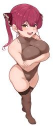 absurdres bare_shoulders blush breasts brikot brown_leotard brown_thighhighs collarbone covered_navel crossed_arms female hair_between_eyes hashtag-only_commentary heterochromia highres hololive hololive_fantasy hololive_japan houshou_marine houshou_marine_(1st_costume) huge_breasts leotard long_hair looking_at_viewer no_shoes open_mouth red_eyes red_hair red_ribbon ribbon simple_background smile solo teeth thighhighs thighs twintails virtual_youtuber white_background yellow_eyes