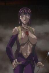 1girls arrow bare_breasts bare_midriff bare_navel basement bead_necklace beads bible_black bible_black_new_testament blunt_bangs bob_cut bodysuit breasts breasts_out bridal_gauntlets busty center_opening curvaceous curvy curvy_female curvy_figure dark_room dungeon exposed_breasts facing_viewer female female_focus female_only front_view holding_object huge_breasts jewelry lair lipstick looking_at_viewer makeup mature mature_female midriff milf nail_polish navel necklace nipple_slip nipples no_bra no_bra_under_clothes open_mouth pants purple_eyes red_hair revealing_clothes shin_bible_black short_hair solo takashiro_hiroko upper_body vest