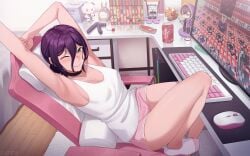absurdres armpits arms_up black_choker blush book breasts chainsaw_man chair choker closed_mouth collarbone computer computer_keyboard computer_mouse cup doodlebob dr_pepper explosive female fox_(minecraft) from_above from_side green_eyes hair_between_eyes hair_bun highres indoors looking_at_viewer manga_(object) medium_breasts medium_hair minecraft monitor mousepad_(object) no_bra office_chair on_chair one_eye_closed pink_shorts pink_socks purple_hair rappa_(sirrappa) reze_(chainsaw_man) rgb_lights shorts shoto_(vtuber) sitting smile socks solo spongebob_squarepants_(series) swivel_chair table tank_top thighs tissue tissue_box tnt tnt_block_(minecraft) totoro two-tone_socks white_carpet white_socks white_tank_top witch_(minecraft) wooden_floor