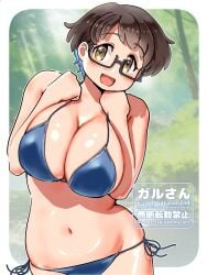 :d bare_arms bikini blue_bikini blue_hair blush breasts brown_eyes brown_hair bush cleavage colored_inner_hair dappled_sunlight female forest glasses highres imari_youko kenken28937178 large_breasts leaf looking_at_viewer multicolored_hair nature navel open_mouth outdoors plump ruri_no_houseki semi-rimless_eyewear short_hair side-tie_bikini_bottom smile standing sunlight swimsuit tree two-tone_hair under-rim_eyewear very_short_hair