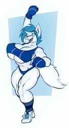 1girls 2010s 2015 anthro anthro_female anthro_only arm_up athletic_female bandaid bandaid_on_nose basic_background big_breasts bigdad black_eyebrows blue_bra blue_gloves blue_hair breasts canine canis cleavage clothed clothing female fit fit_female footwear furry furry_female furry_focus furry_only green_eyes hair hand_up handwear happy hi_res huge_breasts hybrid legwear long_tail looking_away mammal mostly_nude mostly_nude_anthro mostly_nude_female muscular muscular_anthro muscular_arms muscular_female nipple_outline open_mouth open_smile portrait raised_arm shoes short_hair small_waist smile solo solo_female standing striped_bra tail tongue topwear underboob underwear white_body white_ears white_fur white_tail wynter
