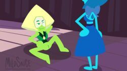 2018 artist_name blue_hair blue_skin bottomless bow cartoon_network dress female female_focus female_only gem_(species) green_hair green_skin hair lapis_lazuli_(steven_universe) mildsauce one_eye_closed peridot_(steven_universe) presenting presenting_pussy pussy steven_universe steven_universe:_save_the_light vagina visor web_address wink