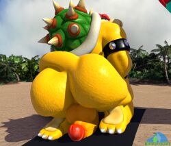 1boy 2025 3d_(artwork) albalbalb anthro armband ass balls beach beach_towel beach_umbrella big_balls big_bulge big_butt big_penis bowser bulge claws clothing digital_media_(artwork) fat_ass furry furry_male furry_only genitals green_body green_scales hair huge_butt kneeling koopa looking_at_viewer looking_back looking_back_at_viewer male male_only mario_(series) nintendo palm_tree parasol penis plant red_eyes red_hair reptile scales scalie shell solo tail tan_body tan_scales towel tree watermark yellow_body yellow_scales