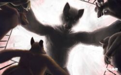 2016 anthro artist_logo banryu belly cage caged canid canine canis colored dated fur furry green_eyes grey_body grey_fur group hi_res imminent_vore licking licking_lips logo looming_over low-angle_view male mammal micro ransom_(artist) scared slave tongue tongue_out wolf