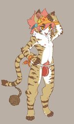 10s 2019 5_fingers anthro armwear bell black_eyes bulge clothed clothing digitigrade dipstick_tail felid feline felis fingerless_(marking) fingers fur hair hat headgear headwear hi_res jockstrap kemono kosian looking_at_viewer male male_only mammal multicolored_body multicolored_fur multicolored_tail navel neck_tuft nipples orange_pupils penis_outline pubes red_hair simple_background smile solo striped_body striped_fur striped_tail stripes toeless_(marking) toes tuft two_tone_tail underwear white_body white_fur