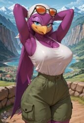 ai_assisted ai_generated anthro armpits aroused avian avian_humanoid bandana beak bedroom behind blue breasts cute eyes eyewear facing_viewer fluffy fur hair hands head holdsteady horny in jewelry large large_breasts long looking_at_viewer mobian mountain on patreon patreon_username perfect_body purple sexy shirt shorts skin smile sonic_(series) sonic_the_hedgehog_(series) standing tagme tank top trees tuft voluptuous wave_the_swallow