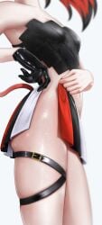 absurdres adjusting_clothes adjusting_skirt armpits bare_shoulders black_gloves black_hair black_shirt breasts collarbone commentary english_commentary female gloves hakos_baelz hakos_baelz_(1st_costume) head_out_of_frame highres hololive hololive_english hololive_english_-council- hololive_english_-promise- long_hair luke_s medium_breasts mouse_girl mouse_tail multicolored_hair multicolored_skirt navel no_panties pleated_skirt red_hair shirt simple_background single_glove skindentation skirt sleeveless sleeveless_shirt solo strapless strapless_shirt streaked_hair sweat tail thigh_strap thighs virtual_youtuber white_background