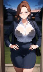 ai_assisted ai_generated angry animated big_breasts big_hips big_penis big_thighs black_blazer black_bra black_handbag black_pencil_skirt blue_eyes blush breasts brown_hair buttoned_shirt cloud doorway dusk female gasp gritted_teeth hand_on_hip houses long_sleeves male milf neighborhood night office_clothing original_character penis phuhoang pink_nails pointing_at_viewer road see-through_shirt shocked sidewalk single_hair_bun sky standing suprised trees up_hair_bun waist white_shirt