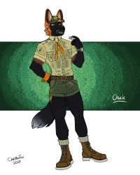 2025 4:5 anthro athletic athletic_male bartek22 belt black_body black_fur boots bottomwear bulge canid canine chuck_(bartek22) clock clothing collared_shirt dated ear_piercing ear_stud ears_up erection erection_under_clothing flat_colors footwear front_view full-length_portrait fur hat headgear headwear hi_res hiking_boots holding_object holding_whistle hotpants inner_ear_fluff kerchief male male_anthro mammal maned_wolf neckerchief neckwear open_mouth orange_body orange_eyes orange_fur orange_inner_ear_fluff piercing portrait scout_uniform shirt shoes shorts signature simple_background socks solo standing tail tan_dress_shirt teeth teeth_showing topwear translucent tuft watch whistle_(object) white_body white_fur wristband