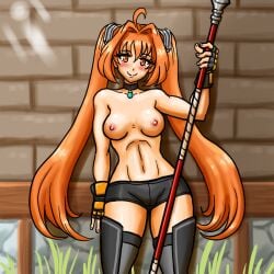 1girls 2d belly_button breasts doublestack_(artist) estelle_bright falcom female light-skinned_female light_skin long_hair naked nipples nude nude_female orange_hair smile solo spats spear topless trails_of_cold_steel twintails weapon