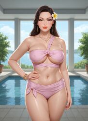 1girls ai_generated asymmetrical_clothes bandeau belly_button bikini black_hair bursting_breasts earrings female flower_in_hair half-closed_eyes hand_on_hip large_breasts light-skinned_female lipstick long_hair loose_hair micro_bikini midriff necklace nipple_outline one_hand_on_hip pink_clothing poolside potted_plant rgomez007 seductive_look self_upload skindentation smiling_at_viewer solo_female stable_diffusion swimming_pool swimsuit thick_eyelashes thick_lips thick_thighs tied_clothing underboob warm_lighting wide_hips