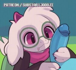 1boy all_the_way_to_the_base animated big_penis blowjob blue_skin clothed cum cum_down_throat cum_in_fur cum_in_mouth cum_on_face cum_on_glasses cum_on_tongue cumming cute deepthroat deltarune drooling ejaculation femboy feminine_male fluffy furry glasses goat goat_horns handjob human_on_anthro human_on_monster joooji kris_(deltarune) licking_penis licking_tip male male_only pawjob paws penis pink_eyes pink_horns pink_scarf ralsei ralsei_with_white_fur scarf wagging_tail white_fur