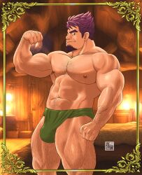 1boy abs arm_hair arms_up artist_signature balls balls_under_clothes banjyaku bara beard beefy biceps big_areola big_breasts border breasts broad_shoulders brown_eyes bulge bulge_through_clothing capcom chest_hair clenched_hand collarbone confident daddy dan_(monster_hunter_stories) dilf flaccid forked_eyebrows fundoshi fundoshi_only gay genital_outline goatee green_fundoshi hand_on_leg happy_trail hi_res hunk hut indoors leg_hair looking_at_viewer male male_only manly mature_male monster_hunter monster_hunter_stories muscles muscular muscular_arms muscular_legs muscular_male muscular_neck muscular_thighs navel one_eye_closed pecs pose posing pubic_hair purple_hair quadriceps rokushaku_fundoshi short_hair sideburns six_pack smile smirk solo spiky_hair standing thick thick_arms thick_eyebrows thick_legs thick_neck thick_thighs three-quarter_portrait topless tough_guy triceps wink wooden_house yaoi