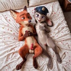 123kubik 3d ai_generated animal_genitalia animal_penis animal_pussy bed bedroom breasts cameltoe cute disney erect_penis erection female furry judy_hopps knot male nick_wilde paws penis police_hat pussy realistic small_breasts smile smiling vagina zootopia