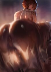 1boy absurdres ass ass_focus back blurry blush brown_eyes brown_hair dated_commentary delta_(nikke) delta_(ninja_thief)_(nikke) female from_behind goddess_of_victory:_nikke highres looking_back male penis rororo sex short_hair shoulder_tattoo solo_focus squatting_cowgirl_position straight tattoo