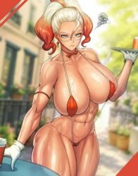 1girls 2025 abs breasts coffee female female_focus female_only front_view glasses gloves grise_(pokemon) griselle_(pokemon) huge_breasts kingbang large_breasts looking_at_viewer pokemon pokemon_legends:_z-a sling_bikini solo thick_thighs toned toned_female tray twintails waitress
