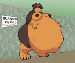 anthro aroused ass belly belly_expansion belly_grab belly_markings belly_overhang big_breasts big_butt body_size_growth breast_rest breasts canid canine canis digested digestion digestion_implied digestion_noises domestic_dog embarrassed expansion female fence guard hi_res holding_belly hyper hyper_belly implied_vore kill_count looking_at_viewer mammal markings mastiff meredith_(stabria) molosser obese onomatopoeia organs overweight paws resting_on_belly rottweiler rumbling_stomach sheepish_grin sign size_transformation solo sound_effects stabria standing stomach stomach_bulge text thick_thighs transformation vore vore_belly vore_implied weight_gain