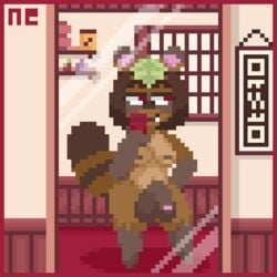 1futa brown_fur brown_hair dickgirl furry futanari hard_pixels huge_balls inside intersex leaf_on_head mirror_selfie nihiloevie nude original_character phone pixel_art red_eyes selfie showing_off solo_futa standing tail tanuki tomiko_(nihiloevie)