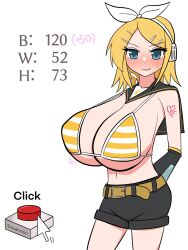 breast_expansion breast_growth_(enlargement) breasts closed_mouth embarrassed female gigantic_breasts kagamine_rin sequence striped_bikini vocaloid yellow_bikini