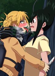 2girls alternate_outfit black_hair blonde_hair blood blush clothed eye_contact fangs forced french_kiss half-closed_eyes heavy_breathing hero_sub heroine_sub himiko_toga knife long_hair long_tongue my_hero_academia short_hair source_request tongue tongue_kiss tongue_out tsuyu_asui villain_dom weapon you_gonna_get_raped yuri