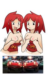 2girls breasts cars_(film) disney duo female female_only flashing gijinka human humanized mia_(cars) multiple_girls nipples pixar simple tia_(cars)