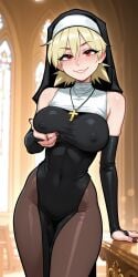 1girls ai_generated black_nails blonde_hair breasts breasts_grab bridal_gauntlets church covered_navel covered_nipples cross cross_necklace detached_sleeves dress female female_only halterneck hand_on_breast hellsing horny indoors large_breasts leaning_on_table looking_at_viewer molamaxuy nun nun_outfit pantyhose pelvic_curtain perfect_body red_eyes seras_victoria sexy short_hair smile solo standing suggestive thin_waist tight_clothing vampire vampire_girl