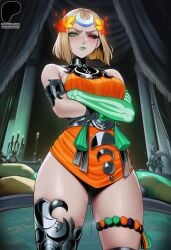 1girls ai_generated angry angry_expression annoyed arms_crossed bare_shoulders black_sclera blonde_female blonde_hair blush bones crossed_arms different_eye_color eyeliner female fully_clothed goddess green_eyes green_lips hades_(game) hades_2 highres hourglass_figure indoors laurel_crown legs legs_apart looking_at_viewer looking_down melinoe_(hades) moon_hair_ornament pale-skinned_female pale_skin posing primosensei pussy pussy_juice pussy_juice_drip red_eye short_dress shoulder_length_hair skeleton_hand sole_female solo solo_female spectral_hand standing straight_hair thick_thighs thigh_squish thigh_strap thighs
