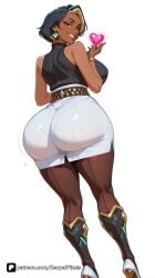 1girl ai_generated artist_name ass bare_shoulders black_hair blizzard_entertainment boots bracelet breasts brown_eyes dark-skinned_female dark_skin domina earrings from_behind full_body heart high_heels jewelry large_breasts looking_at_viewer looking_back multicolored_hair overwatch overwatch_2 pantyhose pantylines patreon senpai_pixels sensitive short_hair simple_background skirt sleeveless smile solo thick_thighs thighs white_background white_skirt