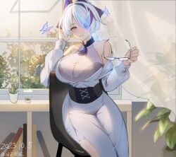 azur_lane bare_shoulders black_bra blue_butterfly blush bra bra_visible_through_clothes breasts bug butterfly cg chair corset curtains dated dress female glasses hair_over_one_eye holding holding_removed_eyewear indoors large_breasts long_hair long_sleeves looking_at_viewer multicolored_hair off_shoulder parted_lips plant potted_plant purple_eyes see-through side_slit sitting sleeveless smile solo underwear unworn_eyewear unzen_(azur_lane) white_dress white_hair window