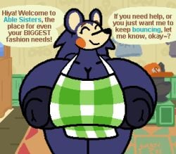animal_crossing animated anthro apron apron_only areola big_breasts blue_areola blue_body blue_nipples breasts closed_eyes clothing english_text eulipotyphlan exclamation_point female hedgehog huge_breasts hyper hyper_breasts ineffective_clothing loop mabel_able mammal mattthetooncat nintendo nipple_slip nipples open_mouth question_mark smile solo speech_bubble text