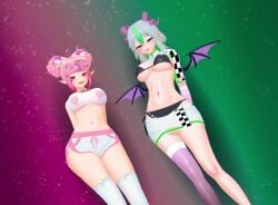 2girls 3d 3d_(artwork) 3d_animation ahoge animated arms_behind_back bedroom_eyes big_breasts bikini bikini_bottom bikini_top bra breasts cleavage collar demon demon_girl demon_horns demon_tail demon_wings devil_tail fangs female female_only from_below froot gloves green_eyes green_hair grey_hair hair_buns hair_clip hair_clips hair_ornament hair_ornaments hairbuns heart_ahoge hip_sway hips horns indie_virtual_youtuber ironmouse jacket jumngee koikatsu large_breasts looking_at_viewer looking_down midriff miniskirt music naughty_face navel open_mouth panties pierced_ears piercing pink_hair pointy_ears purple_hair race_queen seductive seductive_look seductive_pose seductive_smile short_hair shorts sidelocks skirt slim_waist smile sound swaying swaying_hips tagme tail thick_thighs thighhighs thighs underboob video virtual_youtuber vtuber wide_hips wings