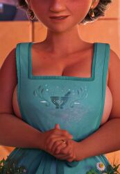 3d 3d_(artwork) apron apron_only breasts close-up curly_hair disney earrings encanto freckles grey_hair highres julieta_madrigal latina mature_female older_female rebelrock slightly_chubby solo tan_skin wedding_ring