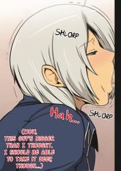 1girls angel_(kof) blowjob blue_eyes clothed clothed_female deep english_text fellatio giving_head hard_cock in_mouth inside king_of_fighters light-skinned_female light_skin oral pale-skinned_female pale_skin short_hair sucking sucking_cock sucking_dick text white_hair