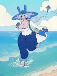 amanda_valentine_(nahff) anthro beach big_breasts black_eyes cleavage clothed clouds crimson_kaiserin gills handbag hat jeans kite mantine no_nose ocean pokemon pokemon_(species) ponytail purse remoraid sky splashing sun_hat water white_hair white_shirt