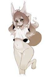 2019 absurd_res ahoge anthro black_sclera bottomless canid canine canis caradhina clothed clothing coffeechicken digital_media_(artwork) female fur green_eyes hair hi_res looking_at_viewer mammal pussy simple_background solo white_background wolf