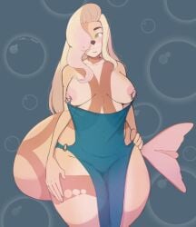 absurd_res anthro aquatic areola big_breasts blush breasts celeste_(mightypoohead) clothed clothing dress female fur genitals hair hi_res innie_vulva linked_nipples linked_piercing mammal nipple_piercing nipple_piercing_dress nipple_ring_dress nipples piercing pinniped ring_piercing seal simple_background slightly_chubby solo tail thick_thighs translucent translucent_clothing vulva