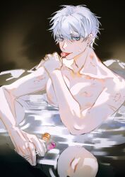 1boy albino bath bishonen bite_mark blue_eyes fluffy_hair hot_spring jujutsu_kaisen licking lolipop long_eyelashes looking_at_viewer male male_only naked pale-skinned_male satoru_gojo short_hair solo solo_focus twink wet white_hair