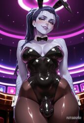 blizzard_entertainment futarush sultryspark ai_generated patreon patreon_username artist_name overwatch overwatch_2 widowmaker breasts 1futa futanari playboy_bunny bulge animal_ears pantyhose solo leotard black_leotard rabbit_ears colored_skin purple_skin strapless_leotard detached_collar fake_animal_ears ponytail shiny_clothes strapless yellow_eyes bowtie bow looking_at_viewer wrist_cuffs bare_shoulders blush black_bowtie large_breasts smile covered_penis highleg black_bow tattoo long_hair covered_testicles purple_lips highleg_leotard cowboy_shot indoors purple_hair arm_tattoo traditional_bowtie