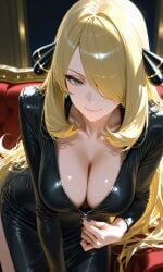 ai_generated big_breasts black_nails blonde_hair breasts cleavage cleavage_focus cynthia_(pokemon) leaning leaning_forward nail_polish pokemon teasing teasing_viewer unzipped unzipping