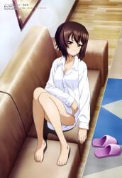 1girls absurd_res bare_legs barefoot bottomless breasts brown_eyes brown_hair cleavage closed_mouth collared_shirt couch dress_shirt feet girls_und_panzer highres indoors itou_takeshi long_sleeves lying medium_breasts megami_magazine nishizumi_maho official_art on_back picture_frame rug scan schoolgirl shirt slippers smile solo thighs toes white_shirt wooden_floor