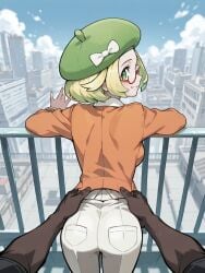 1boy 1girls ai-generated ai_generated ass bel_(pokemon) bianca_(pokemon) blonde_hair bow breasts brokewyt dark-skinned_male dark_skin day female glasses green_eyes green_headwear hat hat_bow interracial jacket long_sleeves looking_at_viewer looking_back orange_jacket outdoors pants pantylines pokemon pokemon_bw2 pov pov_hands railing red-framed_eyewear short_hair sky smile straight white_bow white_pants