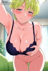 ai_generated anime anime_style armpits black_bra blonde_hair blue_bra blue_eyes blush bottomless bra breasts chained_soldier cleavage closed_mouth collarbone couch curtains earrings female green_hair hentai hi_res indoors izumo_tenka jewelry large_breasts leaning_forward looking_at_viewer mato_seihei_no_slave mystic_maidens navel patreon pussy reaching selfie short_hair smile solo sweat underwear