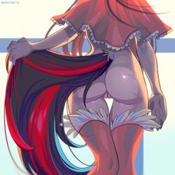 2019 5_fingers anthro ass black_tail bottomless butt_focus clothed clothing equid equine female fingers holding_tail legwear mammal margony my_little_pony poncho pussy rear_view red_tail solo striped_tail stripes teasing thigh_highs two_tone_tail