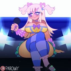 animated bare_shoulders blonde_hair choker cleavage crop_top crossed_legs emmanomia female female_only flashing flashing_pussy headgear heart-shaped_pupils holding holding_object large_breasts long_hair looking_at_viewer looking_away loop looping_animation makeup microphone original original_character parowy piercing piercings pink_eyes pussy sitting skirt stockings tagme thick_thighs tight_clothing voluptuous wide_hips wink winking_at_viewer