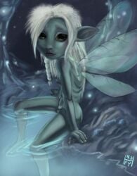 1girls bathing deet female gelfling_(species) green_body green_skin hair hi_res humanoid looking_at_viewer nipples nsfy_(artist) nude pointy_ears pubes pussy small_breasts solo tdc:_age_of_resistance the_dark_crystal vulva wet white_hair wings