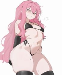 absurdres arched_back arms_behind_back bikini black_bikini black_gloves black_thighhighs blush_stickers breasts closed_mouth commentary_request cowboy_shot elbow_gloves female from_below gloves groin highleg highleg_bikini highres katanauchiha2 long_hair looking_at_viewer louise_francoise_le_blanc_de_la_valliere navel pink_eyes pink_hair puff_of_air side-tie_bikini_bottom simple_background skindentation small_breasts solo sweat swimsuit thighhighs white_background wide_hips zero_no_tsukaima