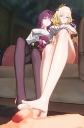 1boy 2girls 3d aglaea_(honkai:_star_rail) animated clothed_female clothed_female_nude_male clothed_footjob collaborative_footjob feet foot_fetish footjob honkai:_star_rail honkai_(series) hoyoverse kafka_(honkai:_star_rail) legwear looking_down no_sound nude_male penis saucifer3d tagme toenail_polish video