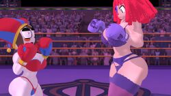 2girls 3d 3d_(artwork) angry arena big_breasts blockyobjectawesomer boxing boxing_gloves boxing_ring bra breasts brown_hair catfight cleavage female_focus female_only fight fighting fighting_ring garter_belt garter_straps glitch_productions height_difference huge_breasts imminent_catfight imminent_fight jester jester_girl jester_hat kabalmystic_(style) large_breasts lingerie panties pomni_(the_amazing_digital_circus) purple_boxing_gloves purple_gloves ragatha_(the_amazing_digital_circus) red_boxing_gloves red_gloves red_hair ryona short_hair size_difference the_amazing_digital_circus thick thick_thighs thighhighs thighs thong