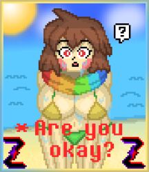 1girls ? are_you_okay? asking beach bent_over big_breasts bikini breasts brown_hair chara chara_(undertale) pixel_art red_eyes scarf self_upload solo solo_female storyshift storyswap storyswap_chara text undertale undertale_(series) undertale_au wet worried worried_expression worried_look zixy